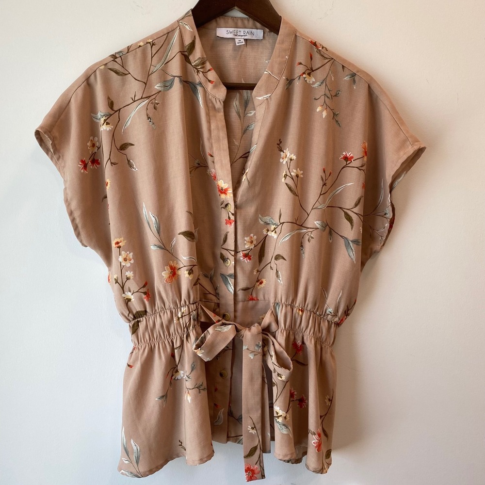 Sweet Rain Blouse Womens M Tan Floral Print V-Neck Elastic Waist Tie Front Top
